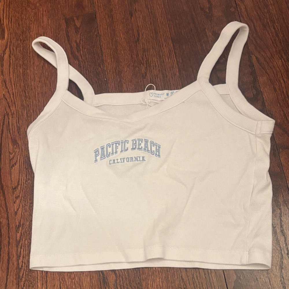 Primark White Crop Top with Blue Print